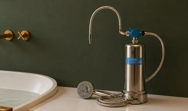 Das neben einer Badewanne installierte Anespa DX mit seiner Handbrause