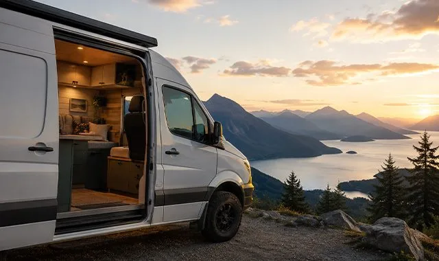 Ein kompakter Campervan für netzunabhängiges Reisen, geparkt an einem Bergsee-Aussichtspunkt bei Sonnenuntergang